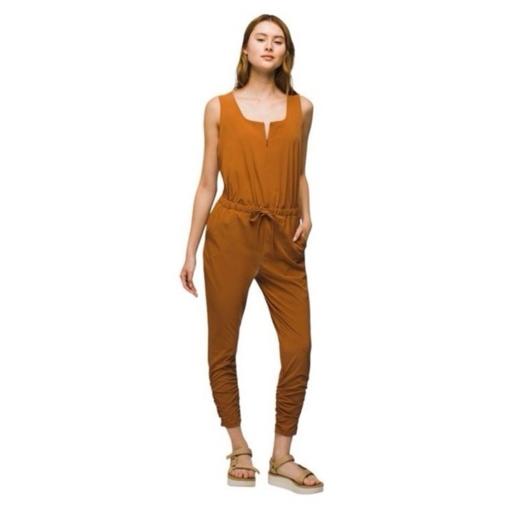 NWT Prana Railay‎ Jumpsuit Sleeveless Womens Large Clay Brown Stretch Ruched Hem